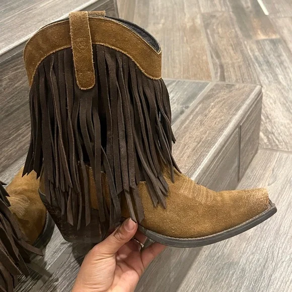 Ariat ATS Gold Rush Fringe Brown Leather Western Boots - Picture 2 of 8